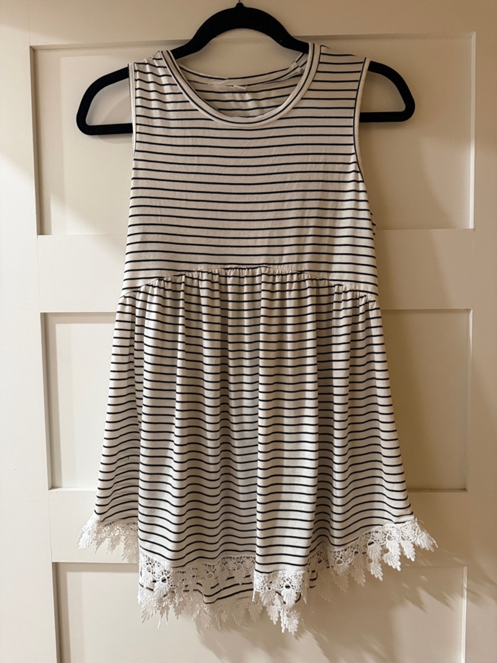 Women’s ' Sleeveless Black & White Striped Maternity Tank with Lace Hem